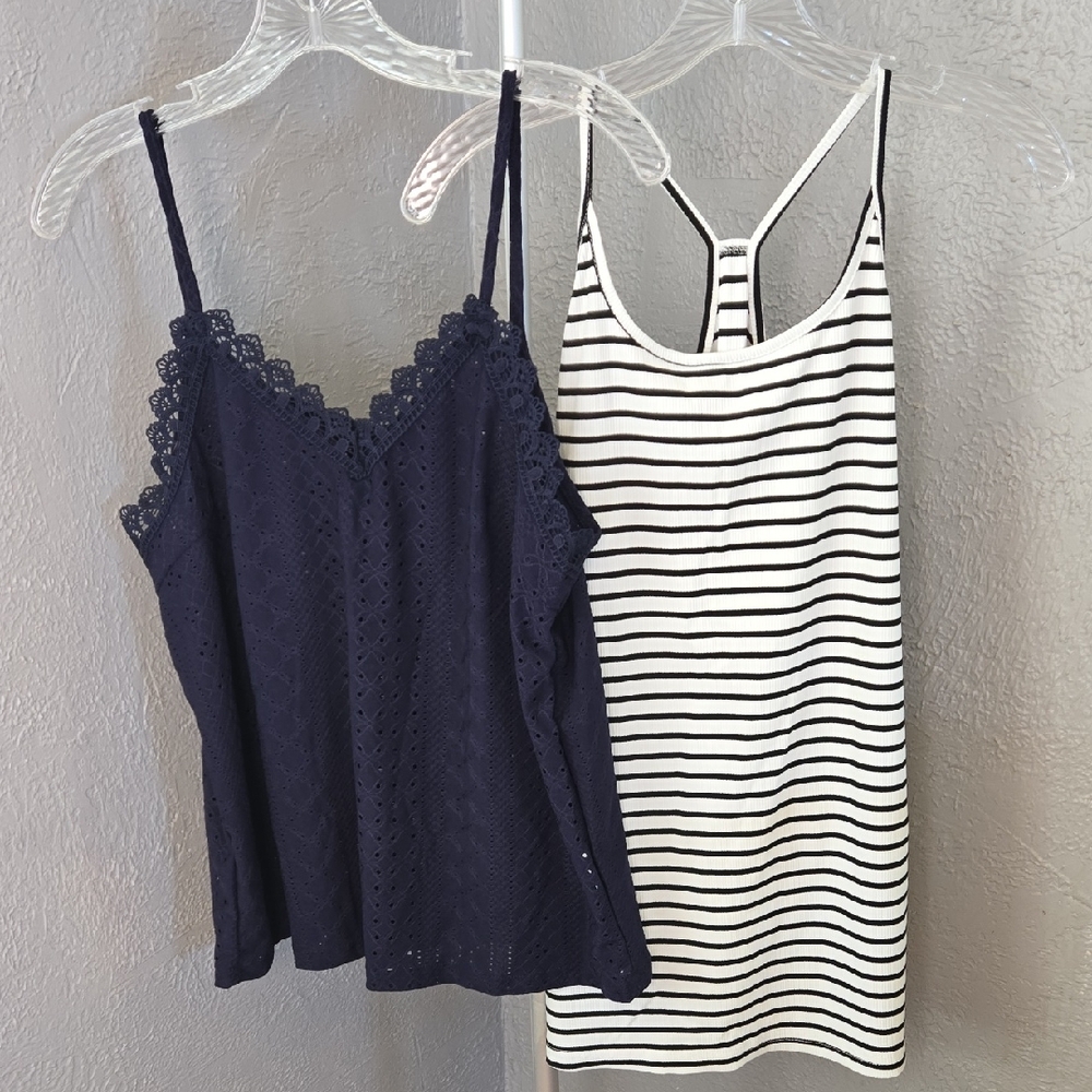 Navy Lace Camisole and Striped Tank Top Set
